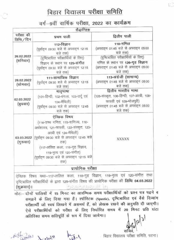 Bihar board 9th exam time table 2022