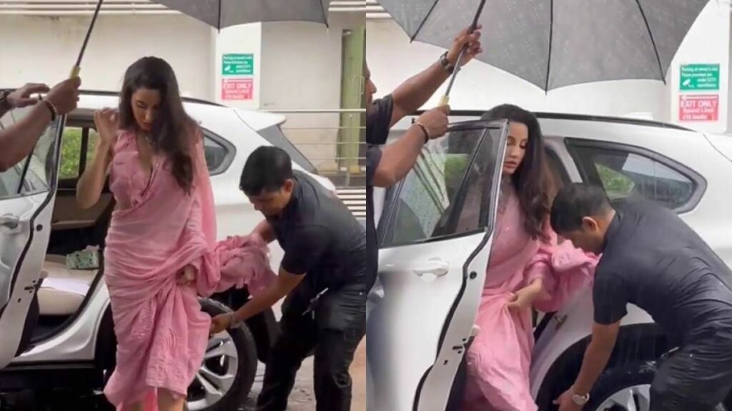 Bollywood: मुंबई की बारिश से परेशान हुई नोरा साड़ी संभालने के लिए किया साड़ी को घुटनों तक ऊपर