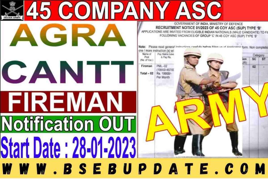 Indian Army Fireman Recruitment 2023 For 45 COY ASC (Supply) TYPE ‘B’ at agra.cantt.gov.in Online Form