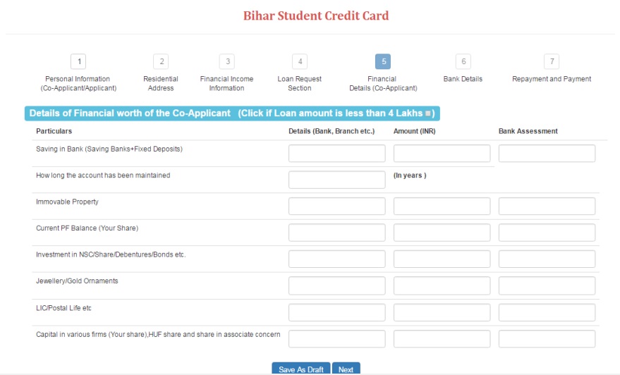 How To Fill Bihar Student Credit Card Online Apply Loan Financial Details Of Co-aPPLICANT